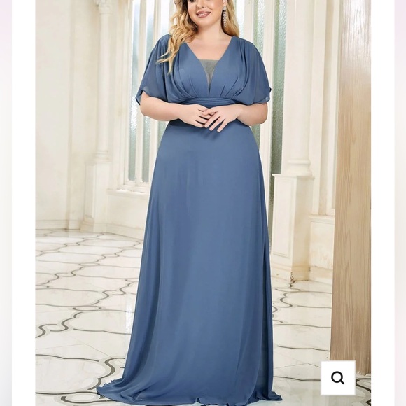 Evening dress short sleeve floor length A line sheer overlay - Picture 2 of 4